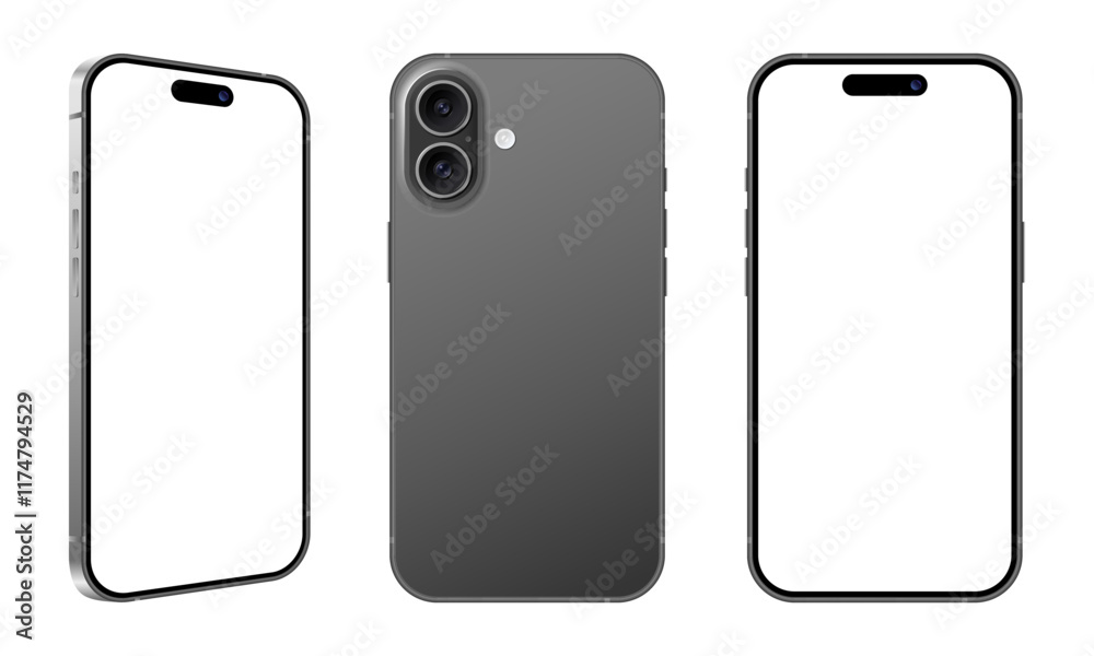 Realistic mobile phone front back side view mockup template. Black frame smartphone blank display user interface vector illustration