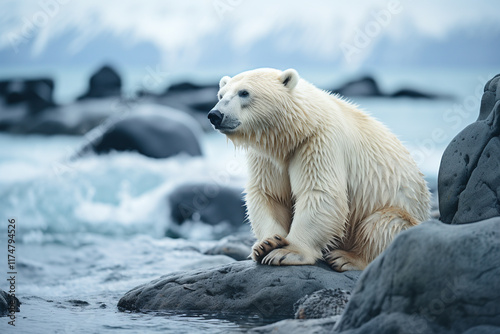 In frigid realm of Antarctica, amidst vast expanse of ice, behold majestic Arctic bear, perched upon edge of an iceberg, radiating an aura of grandeur that encapsulates stark beauty, solitary existenc photo