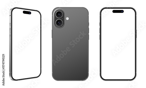 Realistic mobile phone front back side view mockup template. Black frame smartphone blank display user interface vector illustration