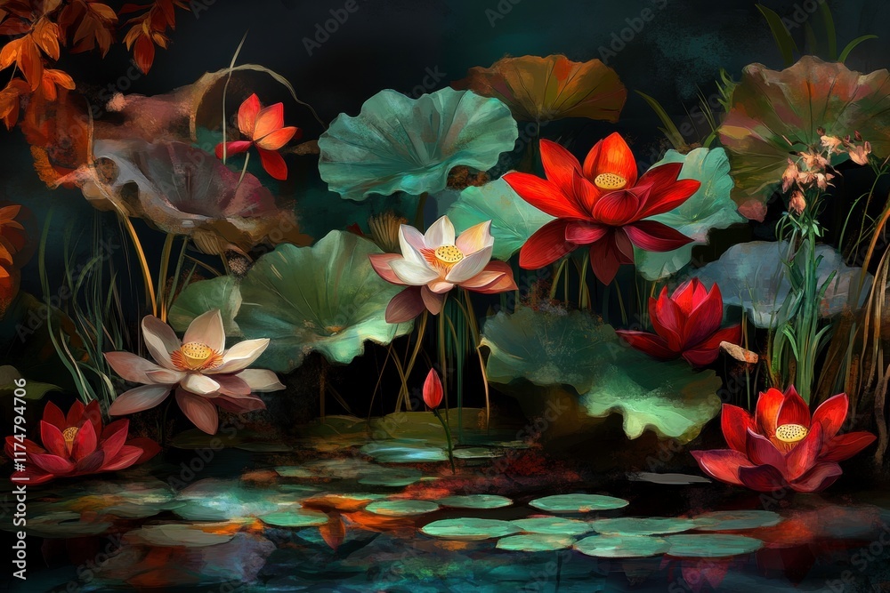 Serene Lotus Pond with Floating Flowers and Lush Green Leaves Under Mysterious Lighting, Perfect for Nature Themed Art, Meditation and Tranquility Concepts Serene Lotus Pond with Floating Flowers and Lush Green Leaves Under Mysterious Lighting, Perfect for Nature Themed Art, Meditation and Tranquility Concepts