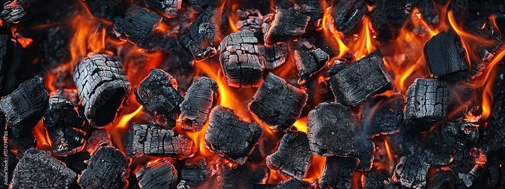 Glowing hot coals, vibrant orange flames, burning embers, extreme close-up, dark background, high contrast, intense heat, fiery textures, charred wood, campfire atmosphere, detailed combustion, mesmer Glowing hot coals, vibrant orange flames, burning embers, extreme close-up, dark background, high contrast, intense heat, fiery textures, charred wood, campfire atmosphere, detailed combustion, mesmer