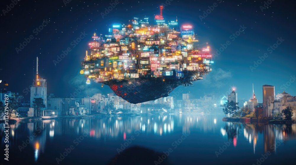 Fototapeta premium Floating City Lights Night Sky Metropolis