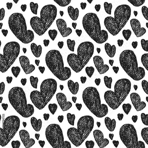 Hearts pencil drawn seamless pattern. Valentines day repeat background painting by chalk. Love symbols monochrome endless backdrop. Surface pattern design romantic date motif. Vector hand drawn cover.