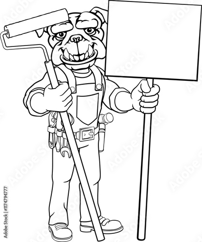 A bulldog painter decorator handyman cartoon construction man mascot character holding a paint roller tool