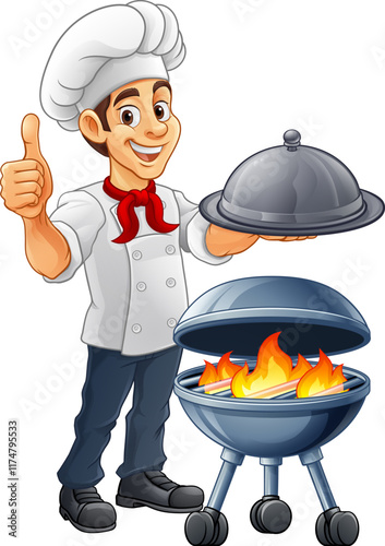 A chef cartoon barbecue cook out brazier BBQ man giving thumbs up and holding a platter plate with cloche mascot character illustration