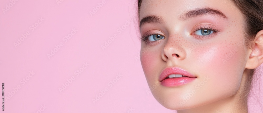 A woman with blue eyes and pink lips is smiling A woman with blue eyes and pink lips is smiling