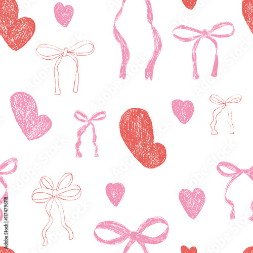 Hearts and coquette bow crayon drawn seamless pattern. Valentines day repeat background. Love and bowknots ribbon symbols endless backdrop. Romantic and girly date motif. Vector hand drawn cover.