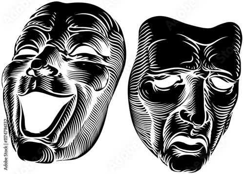 Theater or theatre drama comedy and tragedy masks in a vintage woodcut etching style