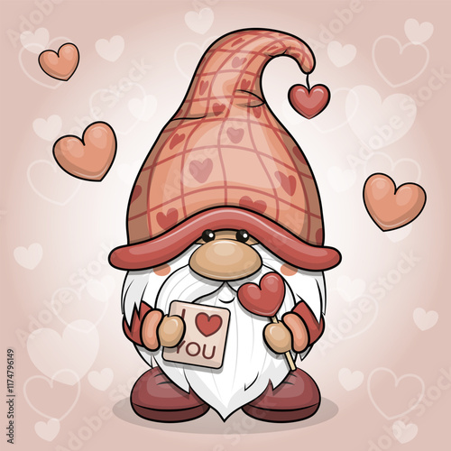 Cute cartoon gnome with heart shaped candy and card. Valentine's vector illustration of a dwarf man.