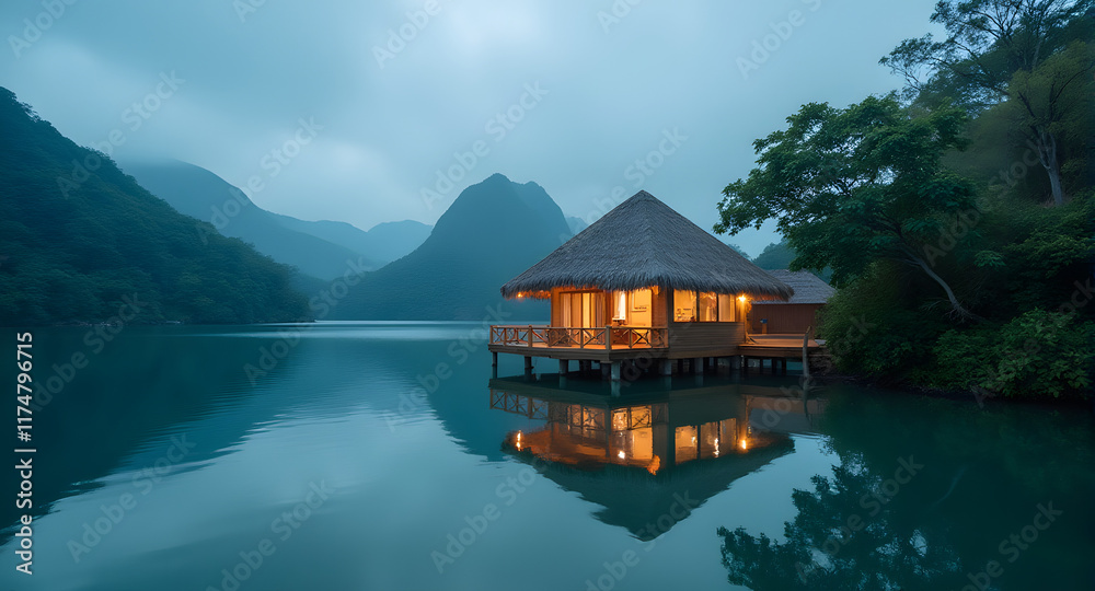 Fototapeta premium Serene Lakeside Cabin at Dusk