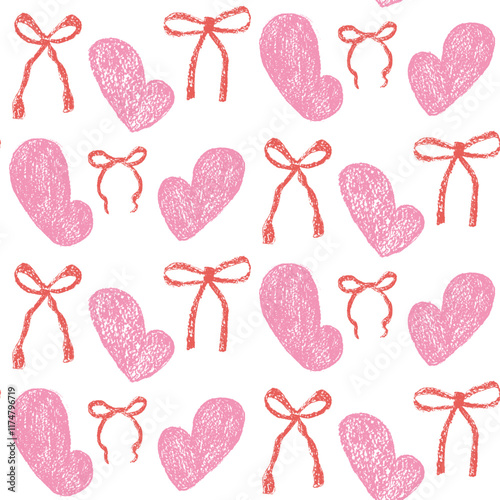 Hearts and coquette bow crayon drawn seamless pattern. Valentines day repeat background. Love and bowknots ribbon symbols endless backdrop. Romantic and girly date motif. Vector hand drawn cover.
