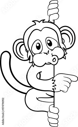 A monkey cartoon character animal behind a sign peeking around and pointing at it