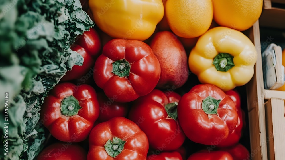 Colorful bell peppers and kale in a wooden crate Colorful bell peppers and kale in a wooden crate
