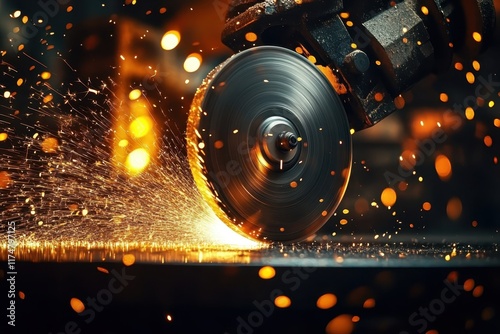 Industrial metalworking, sparks flying, angle grinder, dark workshop, glowing embers, bokeh lights, moody atmosphere, warm orange tones, close-up detail, high contrast, dramatic lighting, metal shavin photo