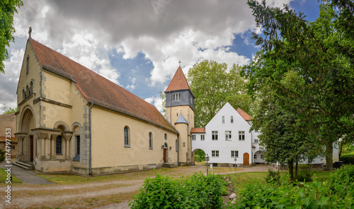 Denkmalgeschützes Sakral-Ensemble: katholische Herz-Jesu-Kirche mit Ursulinenkloster in Neustadt (Dosse) - Panorama aus 6 Bildern photo