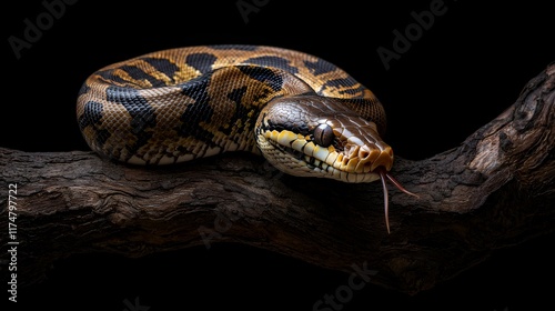 Snake coiled on a branch striking scales and intense gaze photo