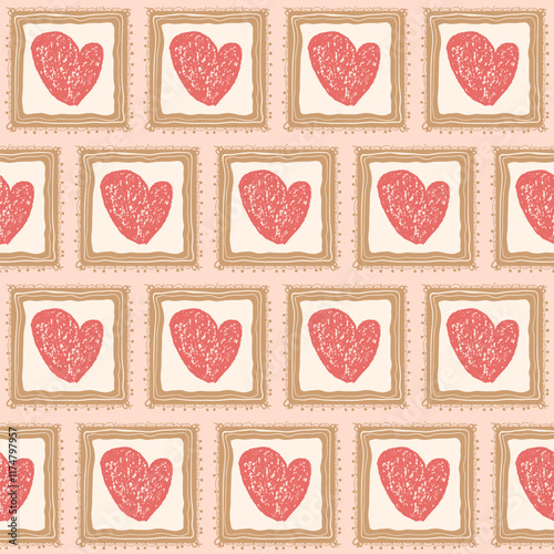 Hearts crayon drawn on square frame seamless pattern. Valentines day retro doodle rectangle borders repeat background. Surface pattern design romantic date motif. Vector hand drawn illustration.