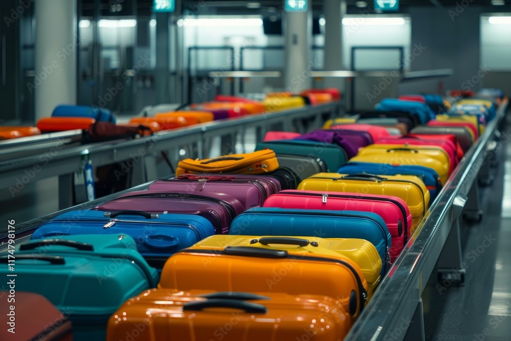 Fototapeta premium Many luggage suitcases and bags are moving on a conveyor belt in the baggage claim area at the airport