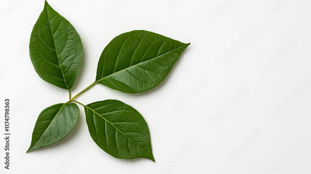 Green Leaf Sprig: Minimalist composition featuring four vibrant green leaves arranged in a simple, symmetrical pattern, evoking a sense of nature's delicate beauty.   