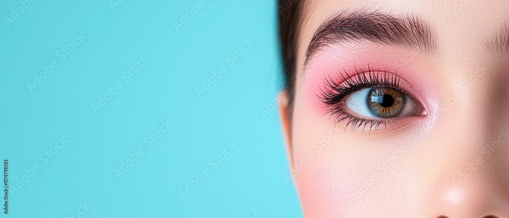 Fototapeta premium A woman with pink eye shadow and long eyelashes