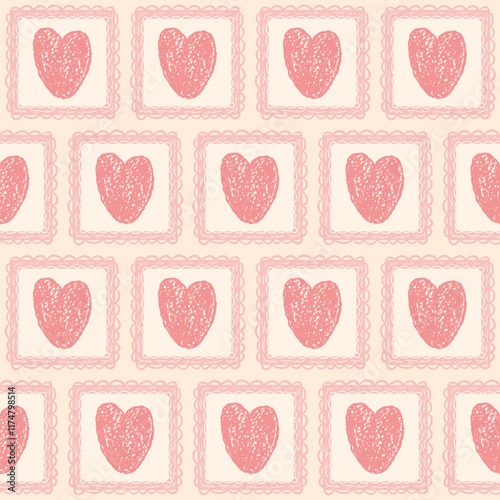 Hearts crayon drawn on square frame seamless pattern. Valentines day. Love symbols endless backdrop. Surface pattern design romantic date motif. Vector hand drawn illustration.