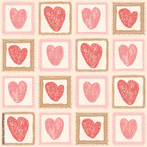 Hearts crayon drawn on square frame seamless pattern. Valentines day retro doodle rectangle borders repeat background. Love symbols endless backdrop. Vector hand drawn illustration.