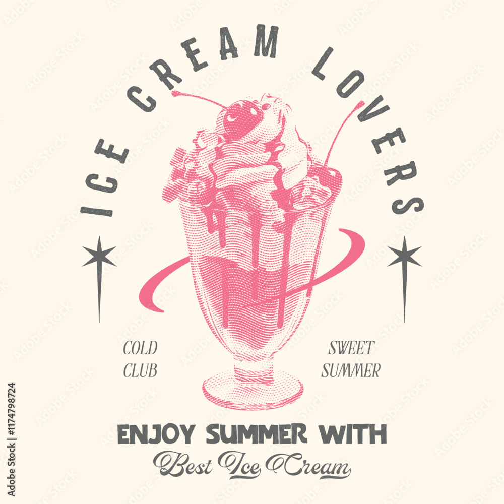 Ice cream love club graphic print t-shirt, apparel, posters, background, Retro ice cream hand-drawn vector art, Enjoy summer with sweet ice cream. Summer graphic t shirt design