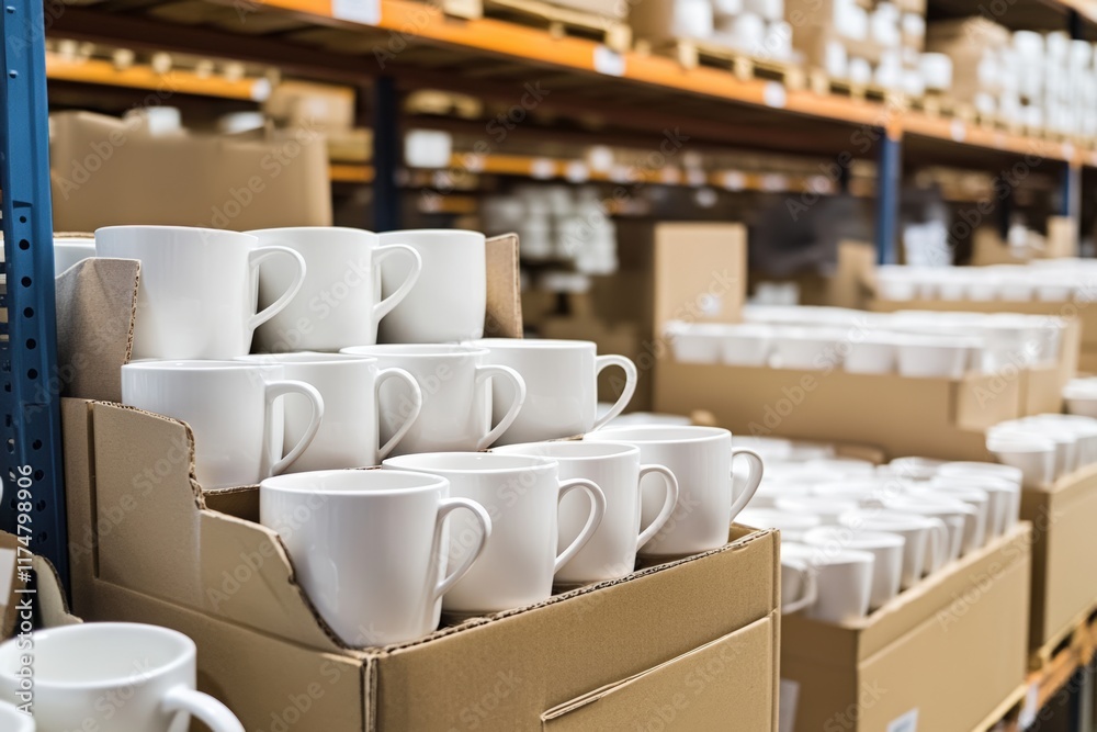 Fototapeta premium Warehouse storage of white ceramic mugs on shelves in cardboard boxes