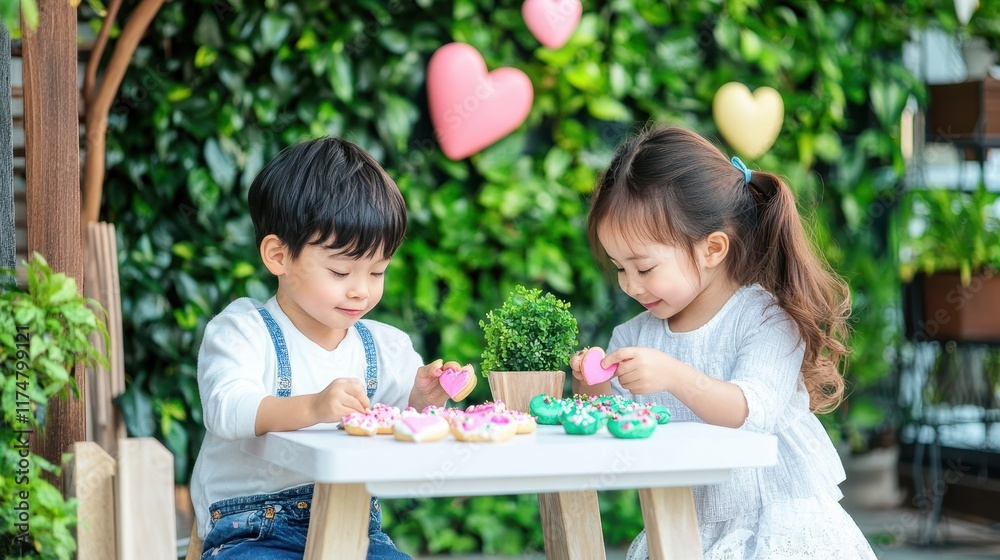 Obraz premium Sweetest Tea Party: Two adorable Asian children enjoy a delightful tea party amidst lush greenery, sharing colorful treats and creating precious memories. 
