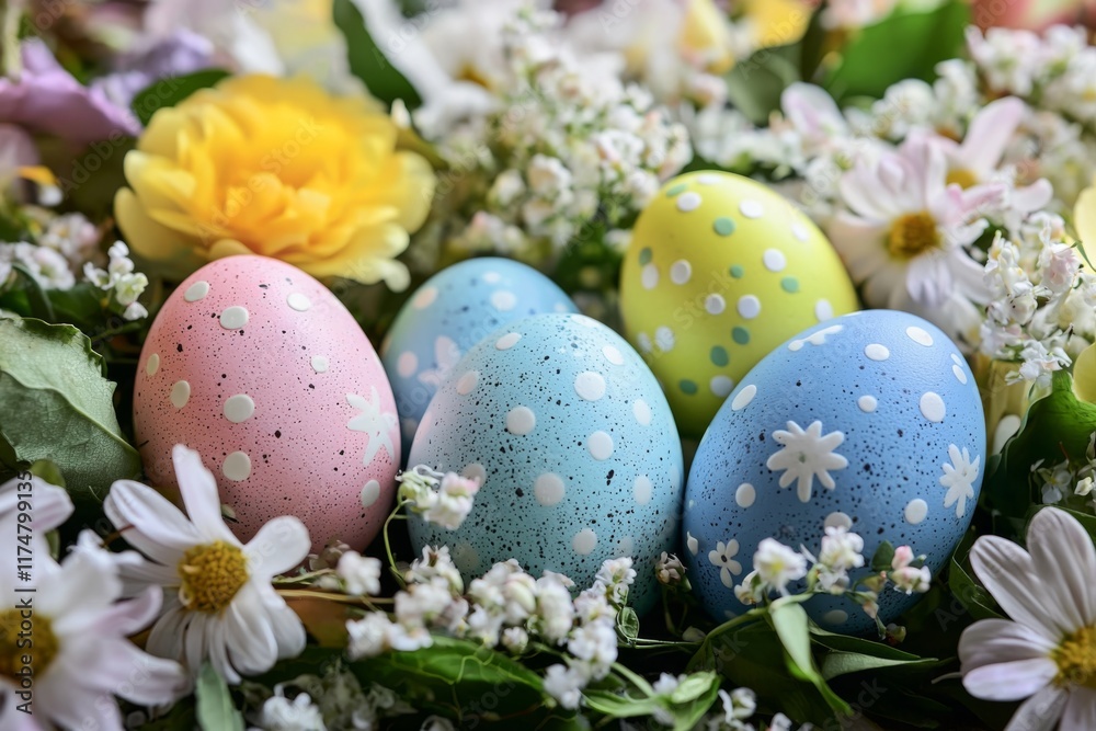 Fototapeta premium colorful Easter eggs scattered among a variety of flowers, creating a bright and festive setting ideal for the holiday
