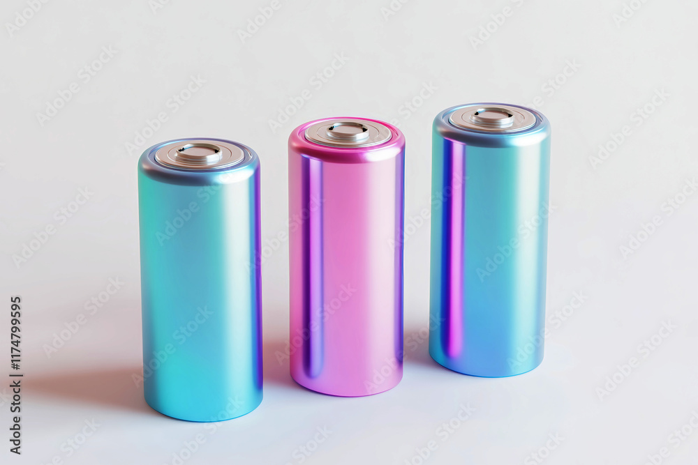 Close-up view highlights three lithium-ion batteries with vibrant, glossy finishes Close-up view highlights three lithium-ion batteries with vibrant, glossy finishes