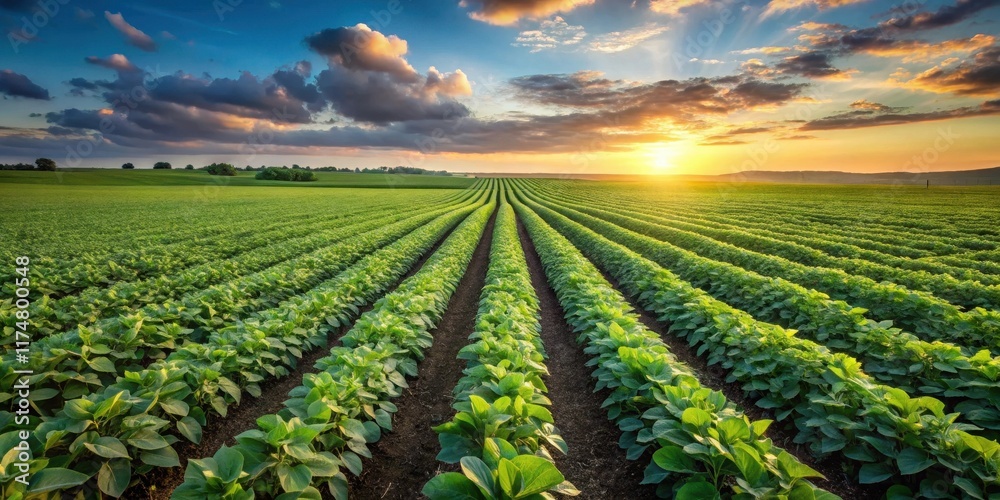 Serene Sunset over Lush Rows of Cultivated Crops in a Verdant Field Serene Sunset over Lush Rows of Cultivated Crops in a Verdant Field
