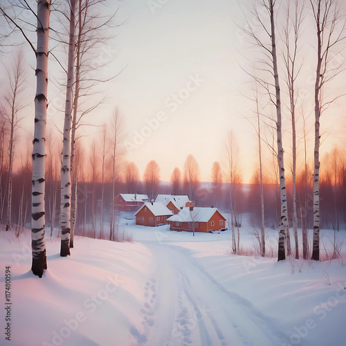 Winter sunset in the village 