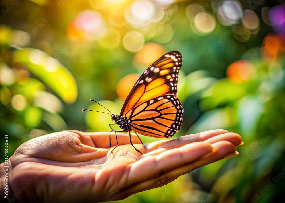 Fototapeta premium Delicate Butterfly on a Fingertip: A Close-Up Documentary Photograph