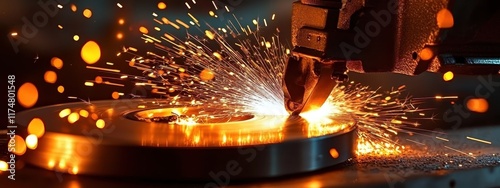 Industrial metalworking, sparks flying, angle grinder, dark workshop, glowing embers, bokeh lights, moody atmosphere, warm orange tones, close-up detail, high contrast, dramatic lighting, metal shavin photo