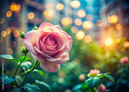 Delicate Pink Rose Blossom, Soft Focus, Bokeh, Green Background, Urban Exploration Photography