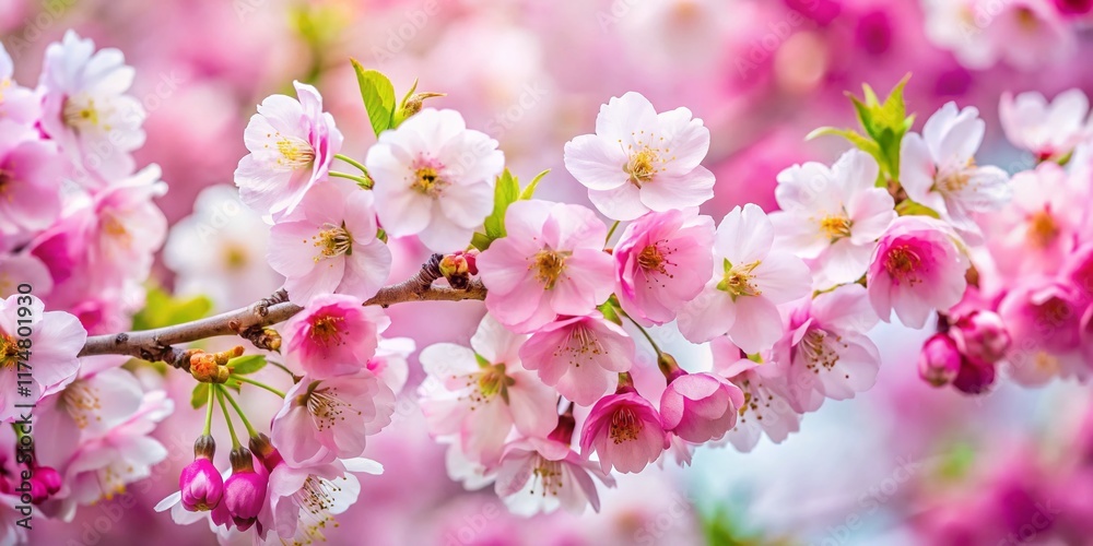 Fototapeta premium Delicate Pink & White Cherry Blossoms in Full Bloom, Spring Branches, Soft Focus Background
