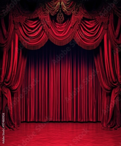 Wallpaper Mural Theater stage, red velvet curtains, dramatic lighting, ornate gold trim, plush carpeting, spotlight, performance space, empty stage, classic theater design, rich textures, theatrical atmosphere, antic Torontodigital.ca