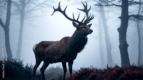 Red Deer Stag Standing in a Misty Foggy Forest