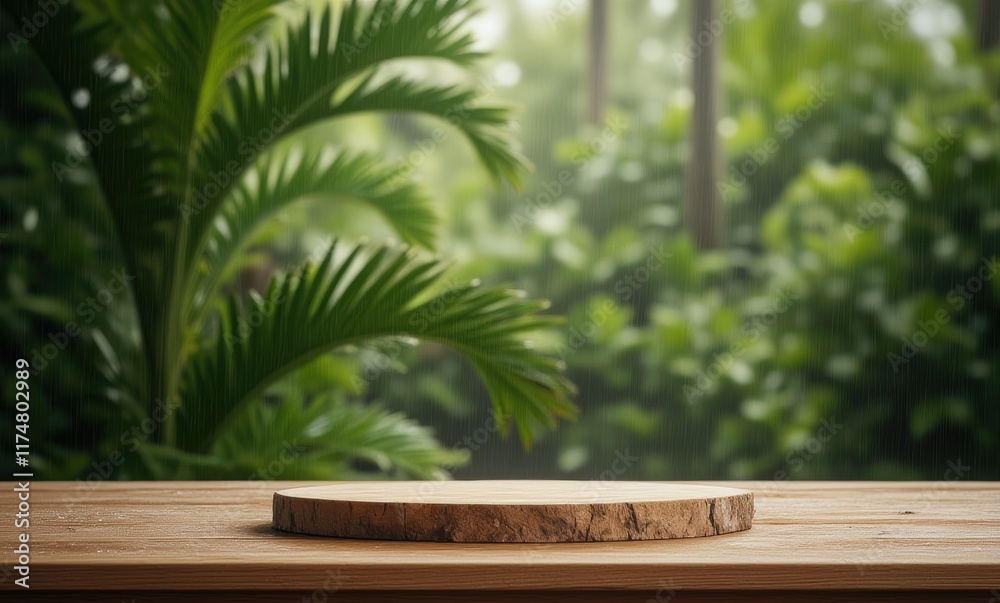 Natural wooden surface with lush greenery Natural wooden surface with lush greenery
