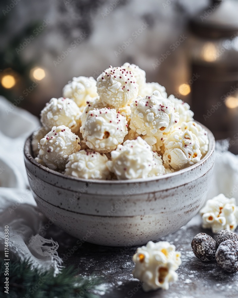 A cozy bowl of white chocolate popcorn topped with festive sprinkles, perfect for a winter gathering. A cozy bowl of white chocolate popcorn topped with festive sprinkles, perfect for a winter gathering.