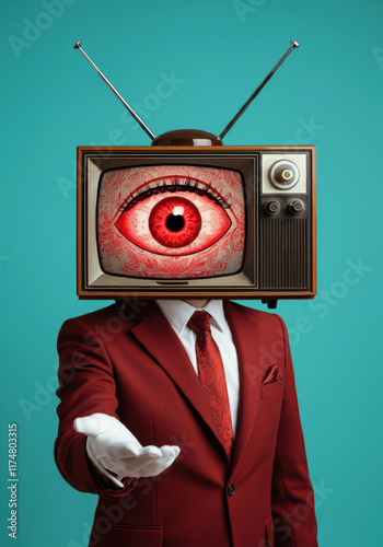A man in a suit jacket with a tv on his head with an red eye clairvoyant, vintage television 1970 , Human with TV Head representing propaganda of artificial intelligence