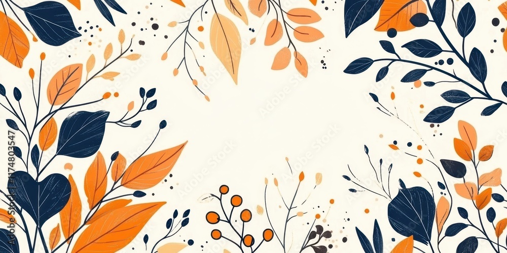 Autumn foliage illustration, minimal flat design, navy blue and orange leaves, abstract floral elements, beige textured background, botanical pattern, stylized nature, vector graphic style, decorative Autumn foliage illustration, minimal flat design, navy blue and orange leaves, abstract floral elements, beige textured background, botanical pattern, stylized nature, vector graphic style, decorative