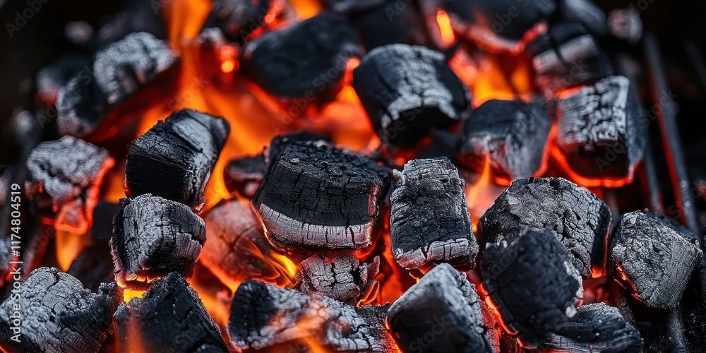 Glowing hot coals, vibrant orange flames, burning embers, extreme close-up, dark background, high contrast, intense heat, fiery textures, charred wood, campfire atmosphere, detailed combustion, mesmer Glowing hot coals, vibrant orange flames, burning embers, extreme close-up, dark background, high contrast, intense heat, fiery textures, charred wood, campfire atmosphere, detailed combustion, mesmer