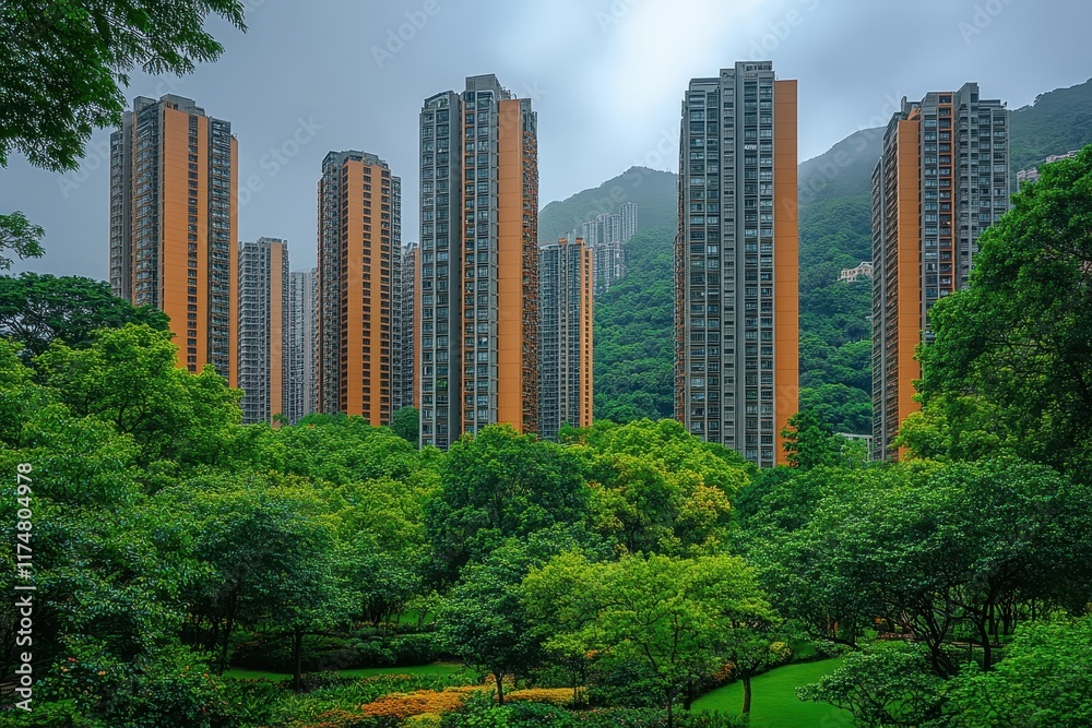 Fototapeta premium Urban landscape showcases high-rise buildings nestled among lush greenery in a mountain setting
