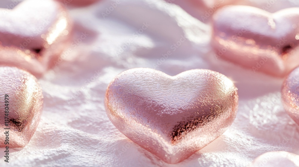 Fototapeta premium Rose Gold Hearts Resting On A Soft White Surface