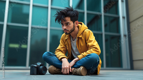 Side view of a desperate photographer dressed in casual clothing, sitting cross-legged in front of a modern skyscraper facade