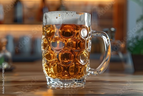 Refreshing glass of lager beer standing on wooden bar counter with blurred background photo