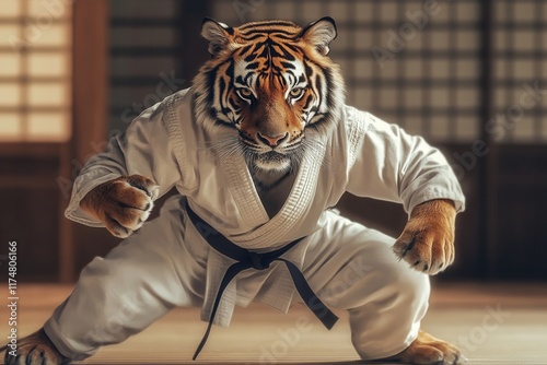 Tiger wearing martial arts uniform and black belt posing in dojo photo