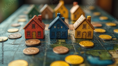 Real Estate Investment and Financial Growth: Miniature Houses and Coins Representing Property Values and Financial Assets photo